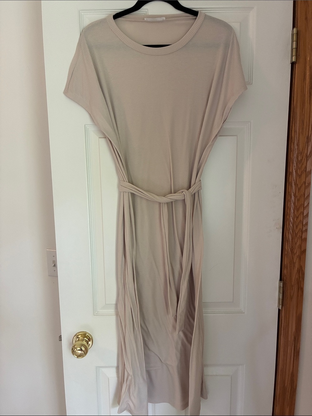 Mango Beige Ribbed Midi Dress with Self-Tie Belt
